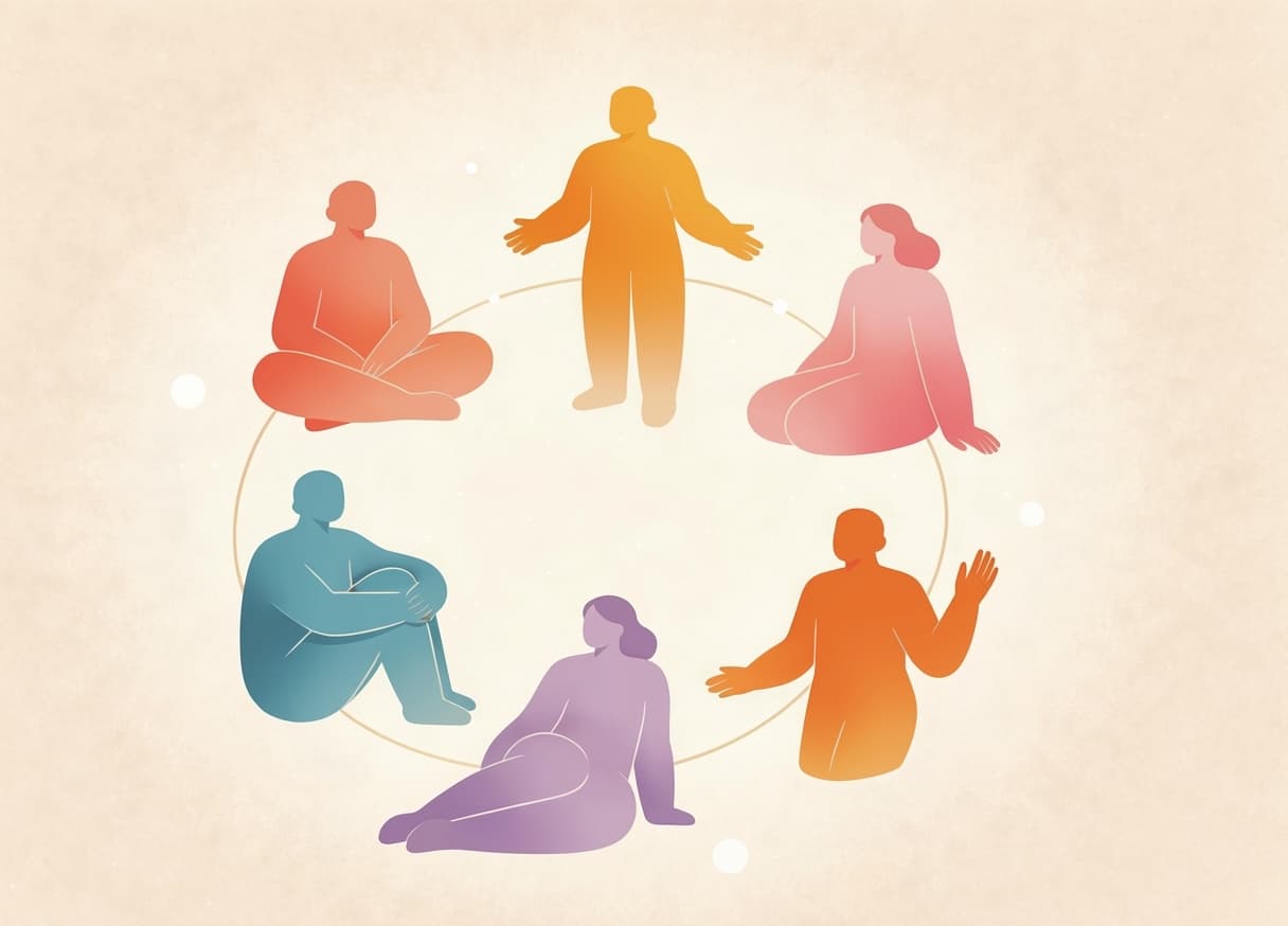 Six soft character silhouettes arranged in a circle to represent the site's six archetypes.